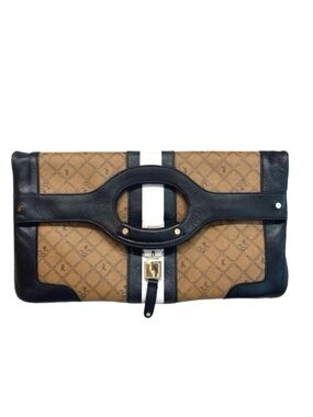 L.A.M.B. ~ Large Tan Clutch/Handbag Dark Brown Trim Black Striped Interior